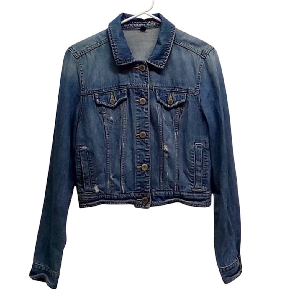 American Eagle Y2K Distressed Cropped Faded Wash Blue Jean Jacket